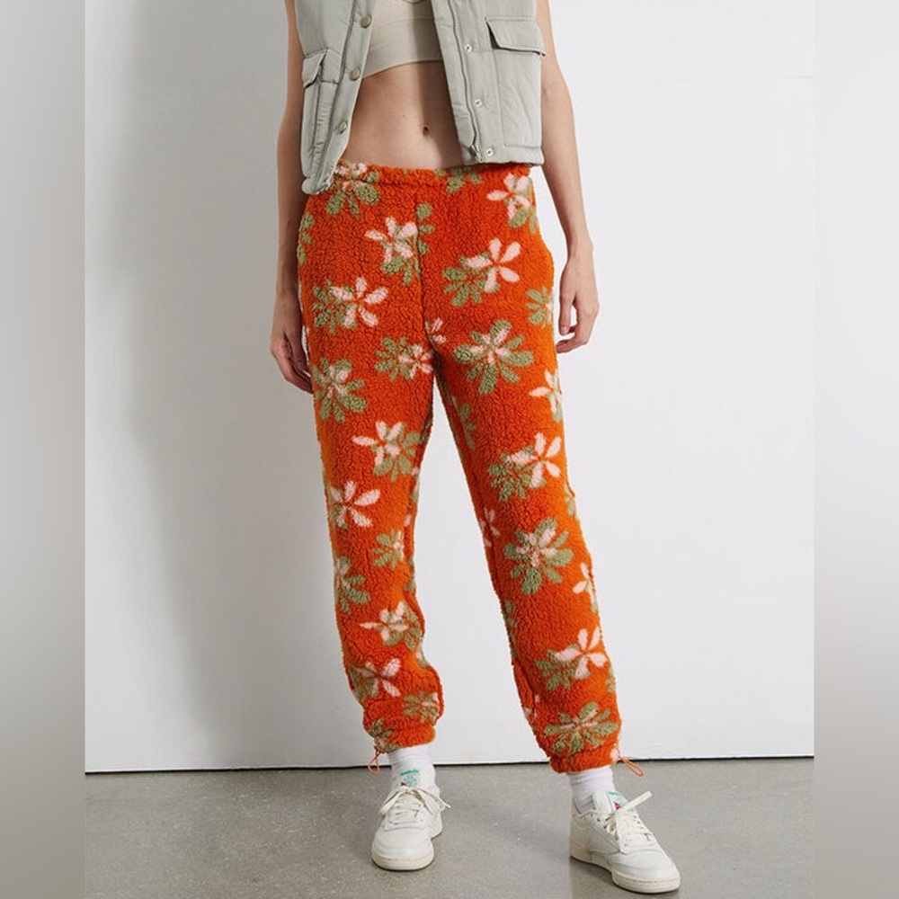 Adult Small PACSUN Orange Retro Groovy Floral Teddy Sweatpants Joggers NWT